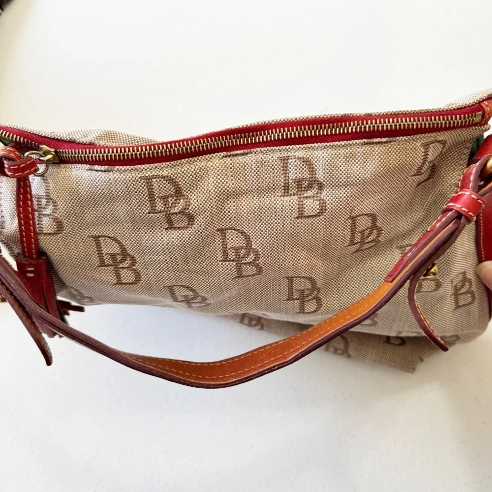 Dooney & Bourke Jacquard Logo Cream Red Tassel Hobo Bag